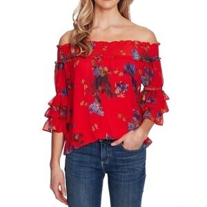 New CeCe by Cynthia Steffe Wo Floral Off the Shoulder Top in Fiery Red